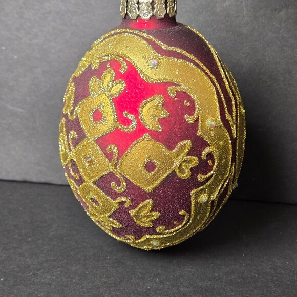 Frontgate Burgundy Gold Glass Christmas Ornament 5" Glitter Scroll Jeweled Egg - Picture 3 of 8